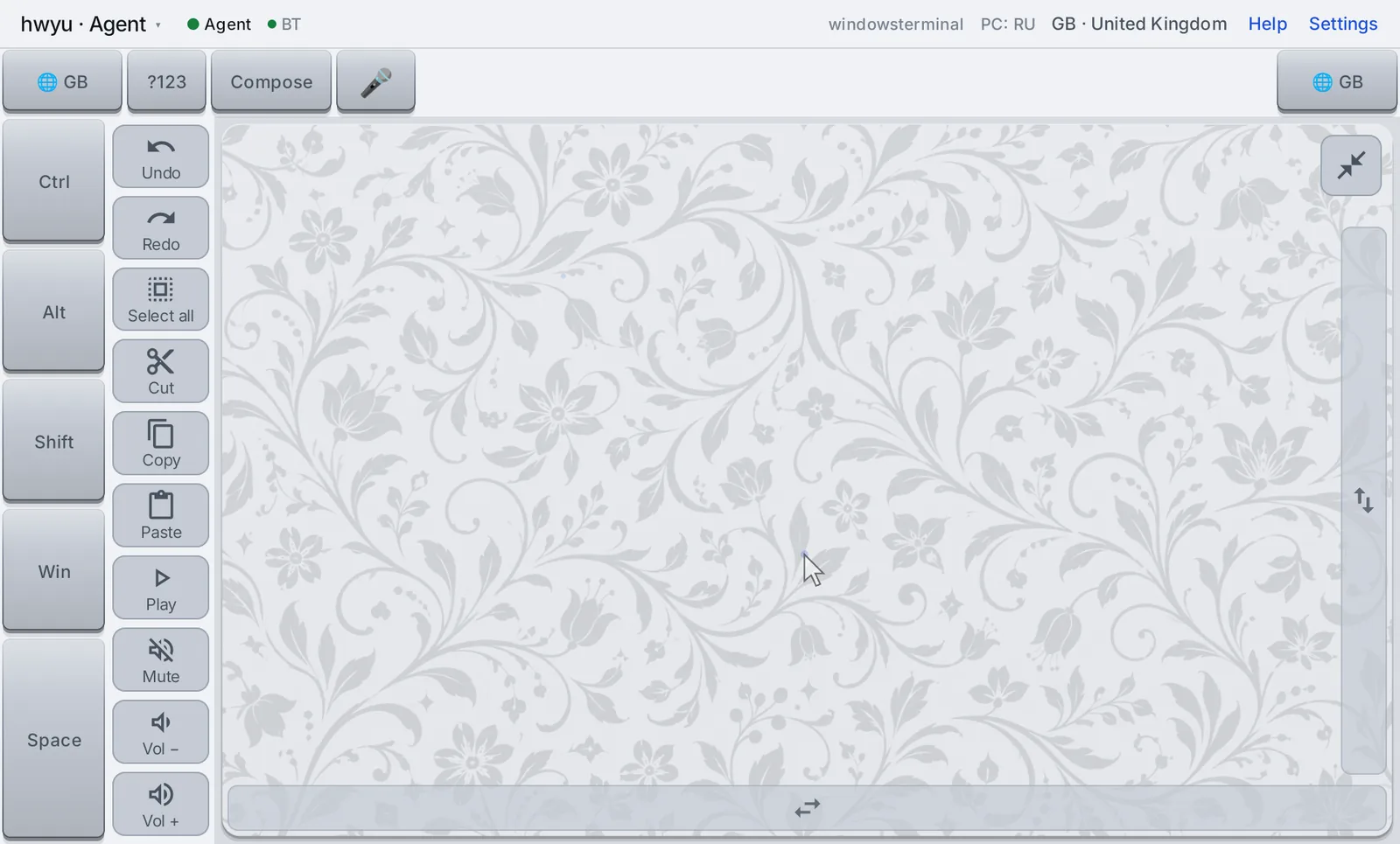 The mouse pad expanded to fill the screen, with Ctrl, Alt, Shift, Win and Space on the left edge, a column of buttons — Undo, Redo, Select all, Cut, Copy, Paste, Play, Mute, Vol − and Vol + — and scroll strips along the right and bottom edges.