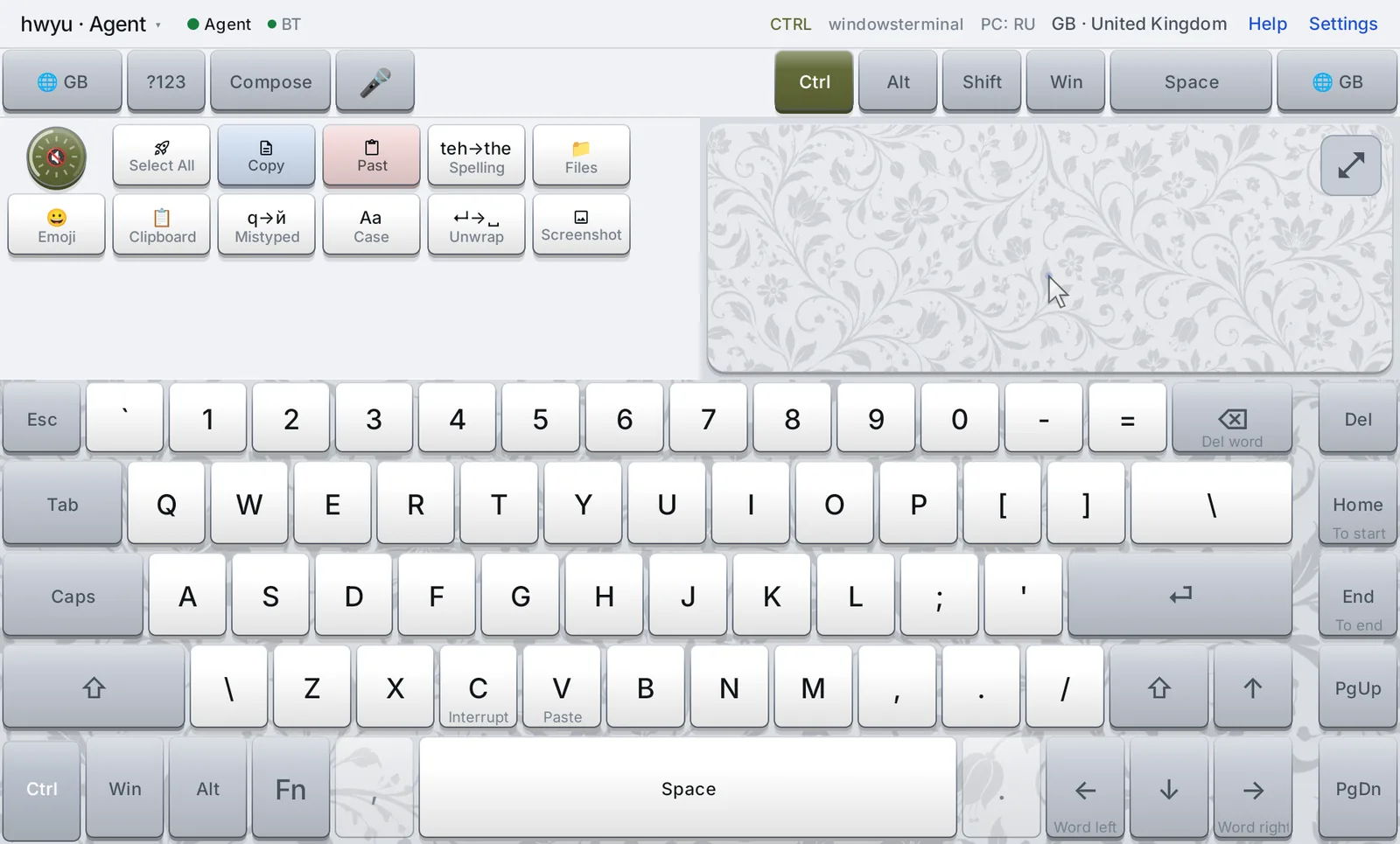 The keyboard with Ctrl held: letters become capitals showing the Latin key, and under C it says Interrupt, under V Paste, under the arrows Word left and Word right.