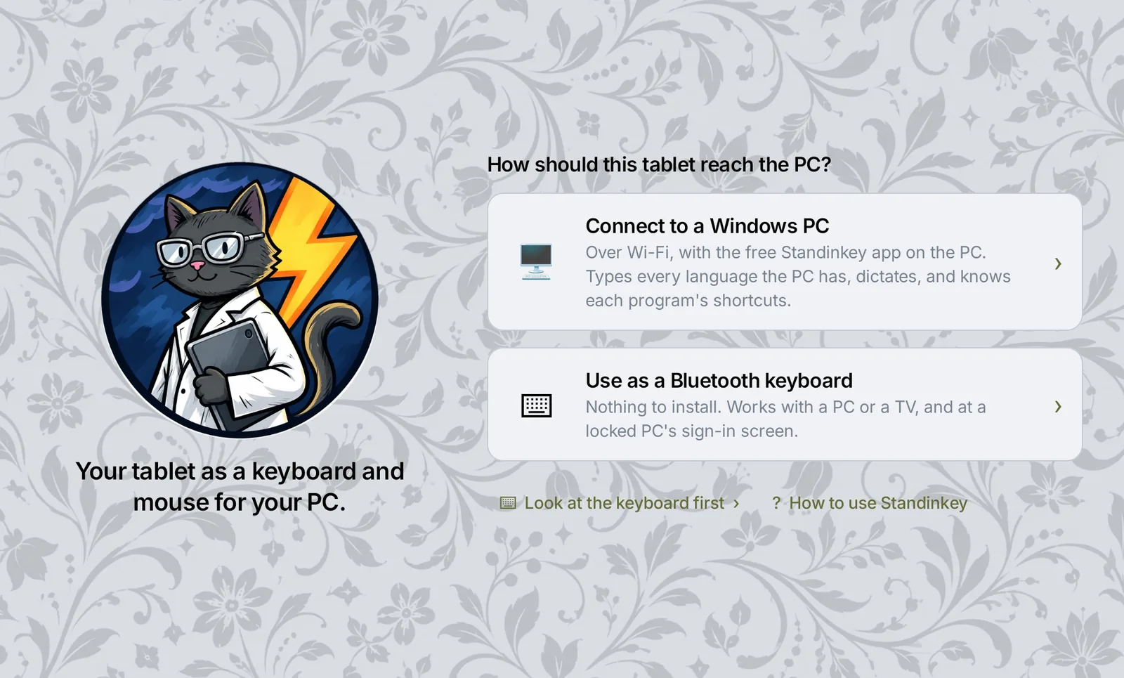 The first screen of the app, asking how the tablet should reach the PC: Connect to a Windows PC, or Use as a Bluetooth keyboard.